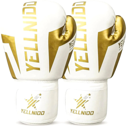 Yellnidd Boxing Gloves for Men and Women Pro Training Sparring for Adult Heavy Punching Bag Gloves.Leather Muay Thai MMA Kickboxing Fighting PUMaterial Ventilated Palm Workout Gloves (White 10oz)
